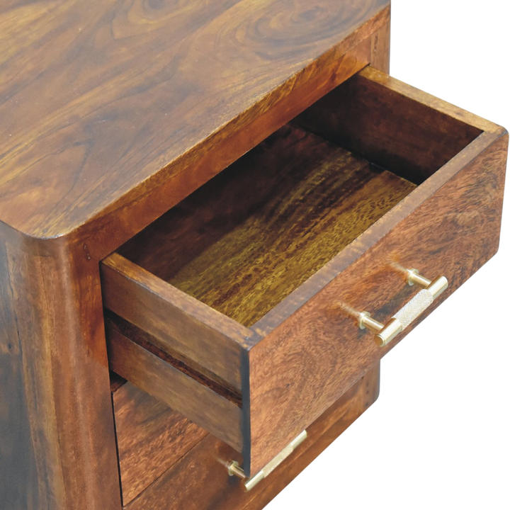 Ashcombe 3-Drawer Bedside Table in Russet, shown with a drawer open.