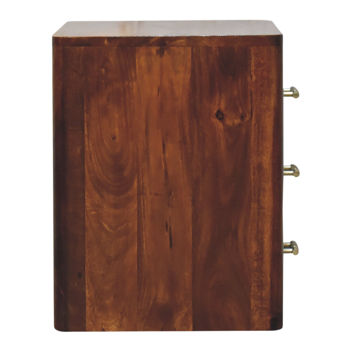 Ashcombe 3-Drawer Bedside Table in Russet, side view showing the depth.