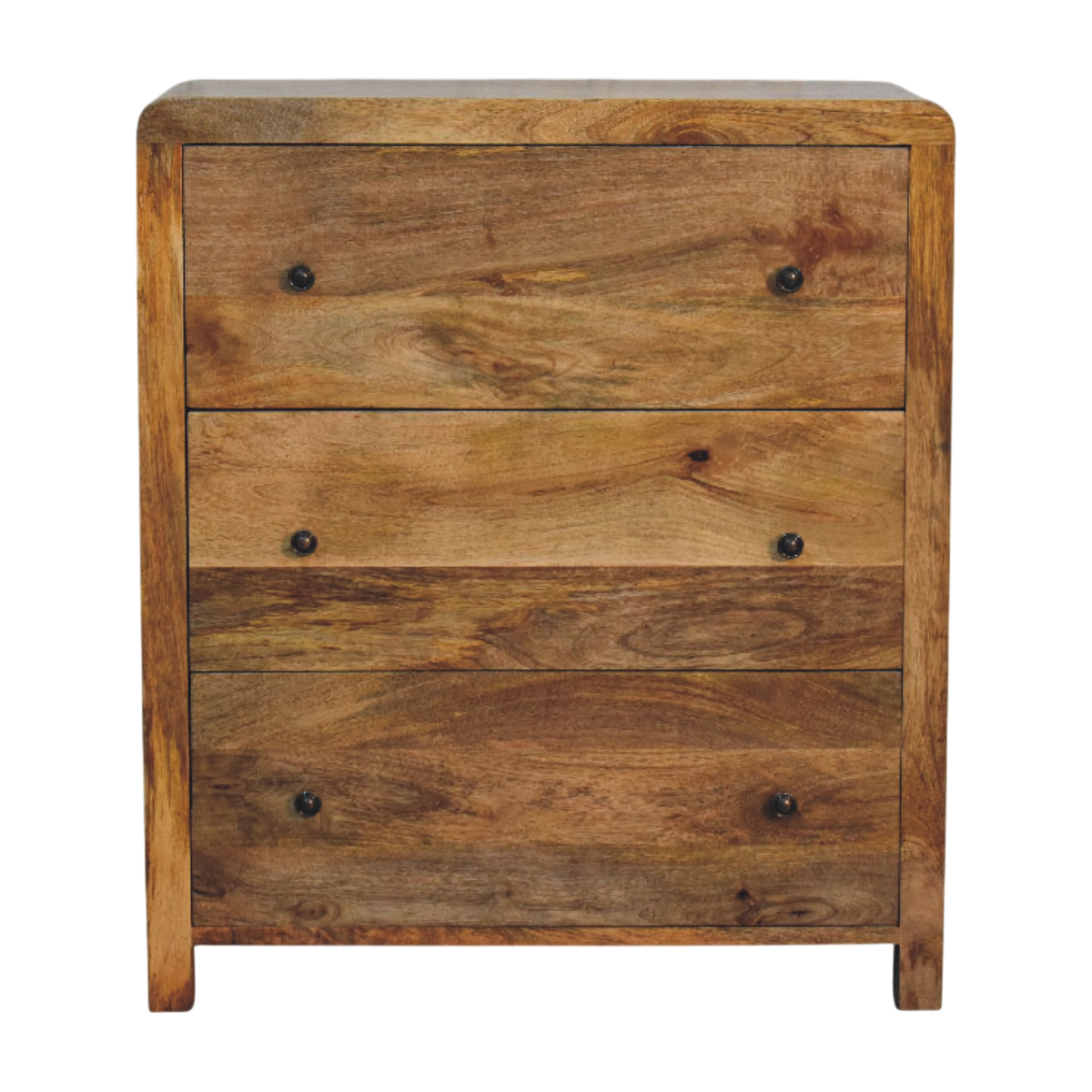 Ashcombe 3-Drawer Chest in Amber, front view. Solid hardwood throughout, amber finish, three deep drawers.