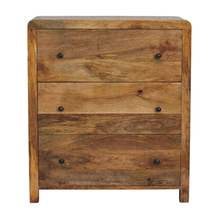 Ashcombe 3-Drawer Chest in Amber, front view. Solid hardwood throughout, amber finish, three deep drawers.