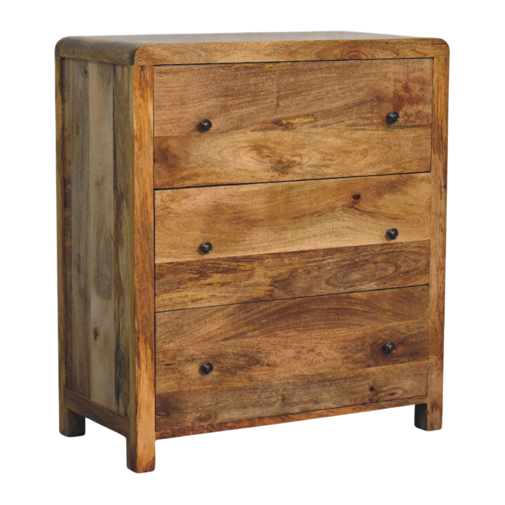 Ashcombe 3-Drawer Chest in Amber, three-quarter view showing the full profile.