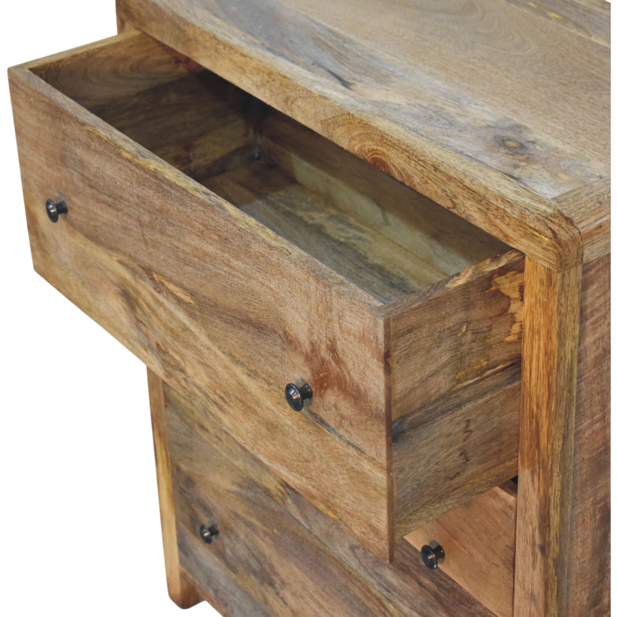 Ashcombe 3-Drawer Chest in Amber, shown with a drawer open.