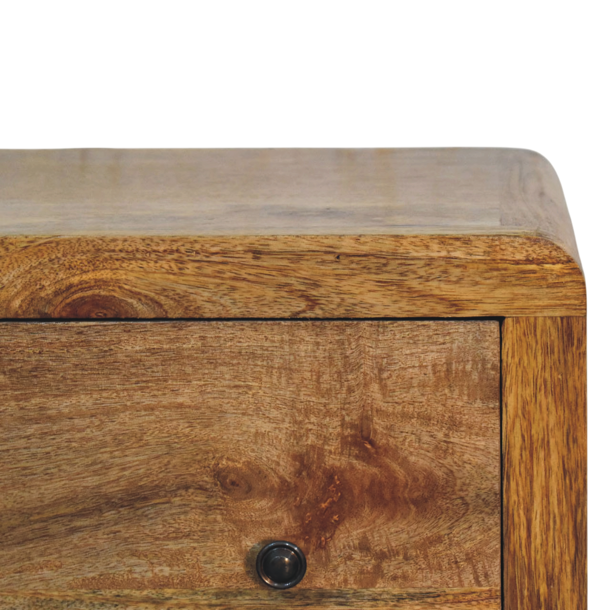 Close view of the brass hardware on the Ashcombe 3-Drawer Chest in Amber.