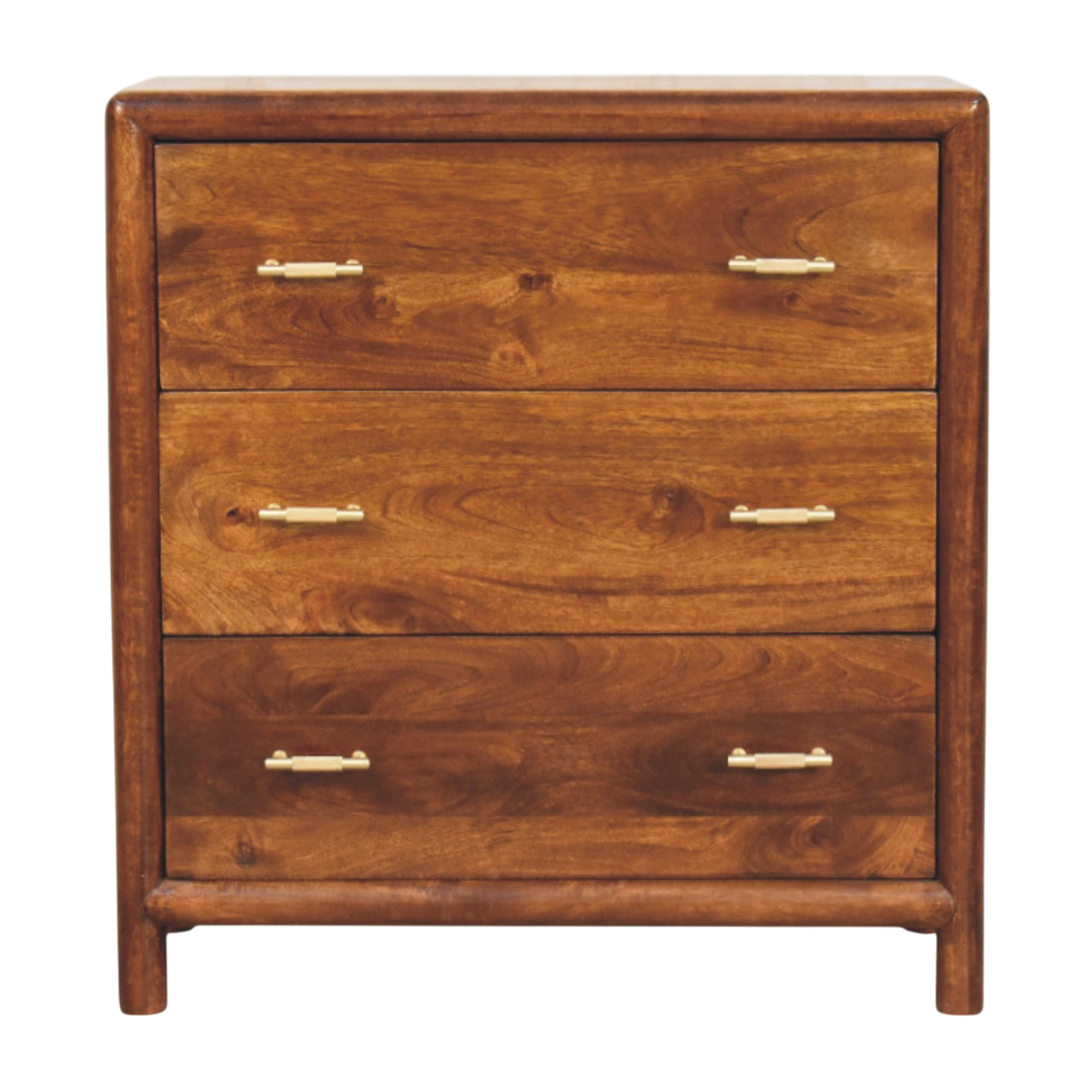 Ashcombe 3-Drawer Chest in Russet, front view. Russet hardwood, three drawers with brass-finished handles.