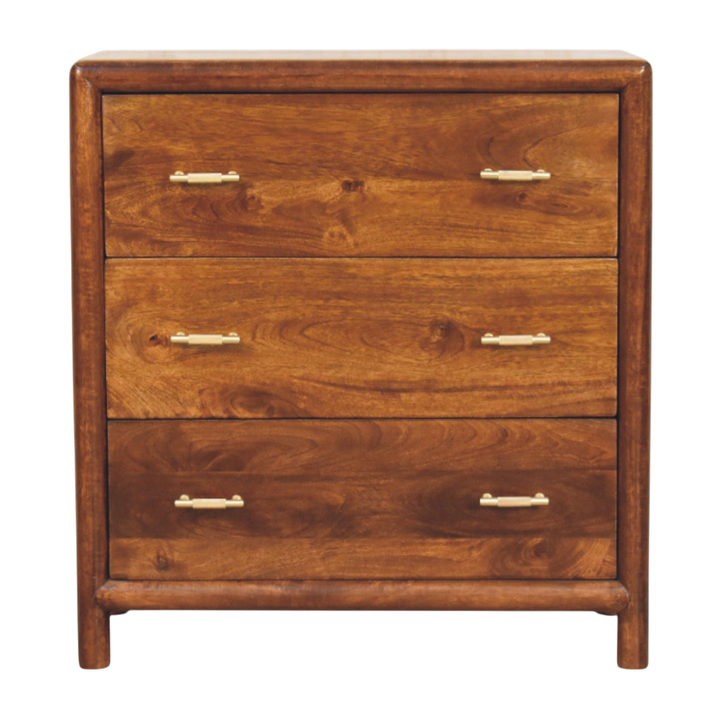 Ashcombe 3-Drawer Chest in Russet, front view. Russet hardwood, three drawers with brass-finished handles.
