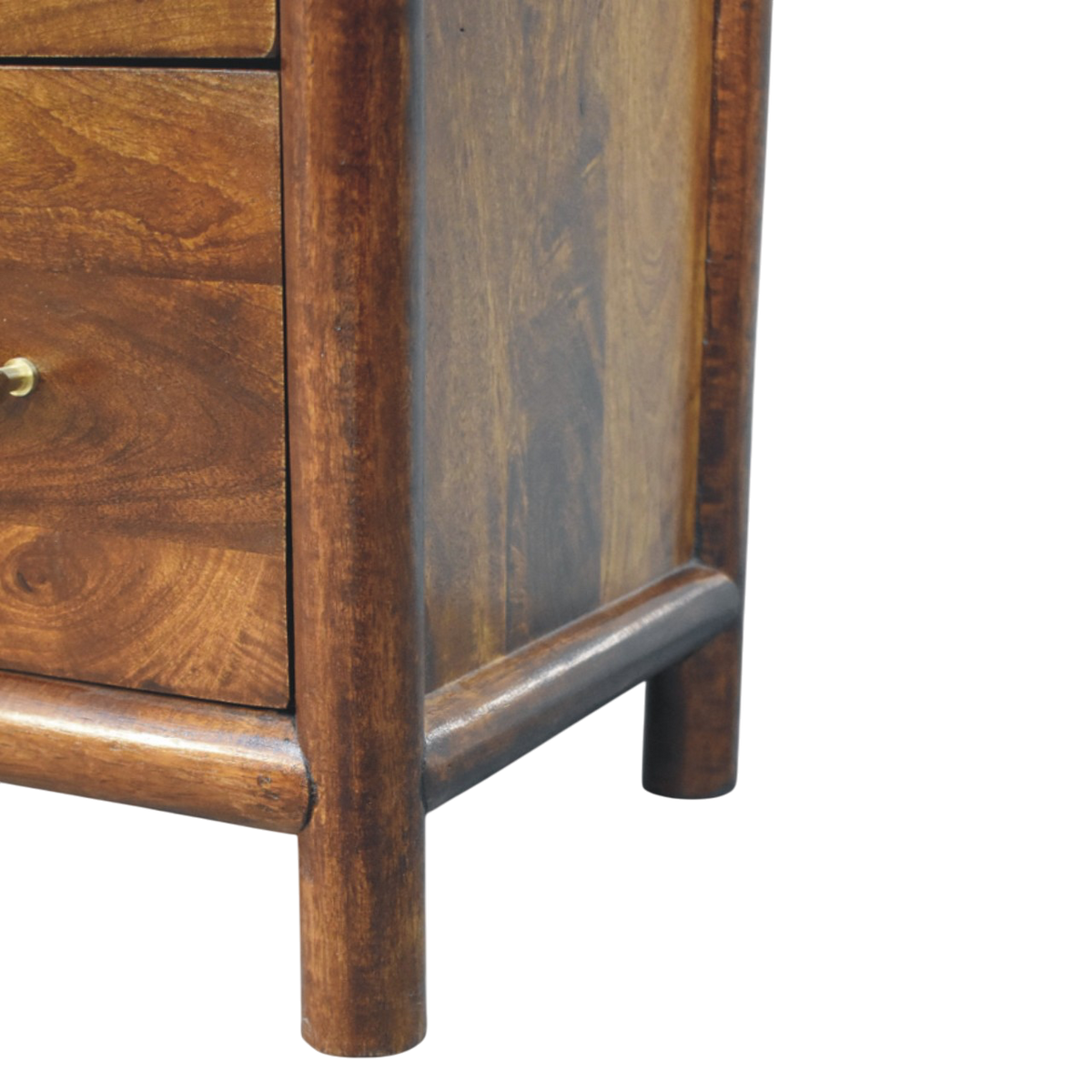 Close view of the turned foot on the Ashcombe 3-Drawer Chest in Russet.