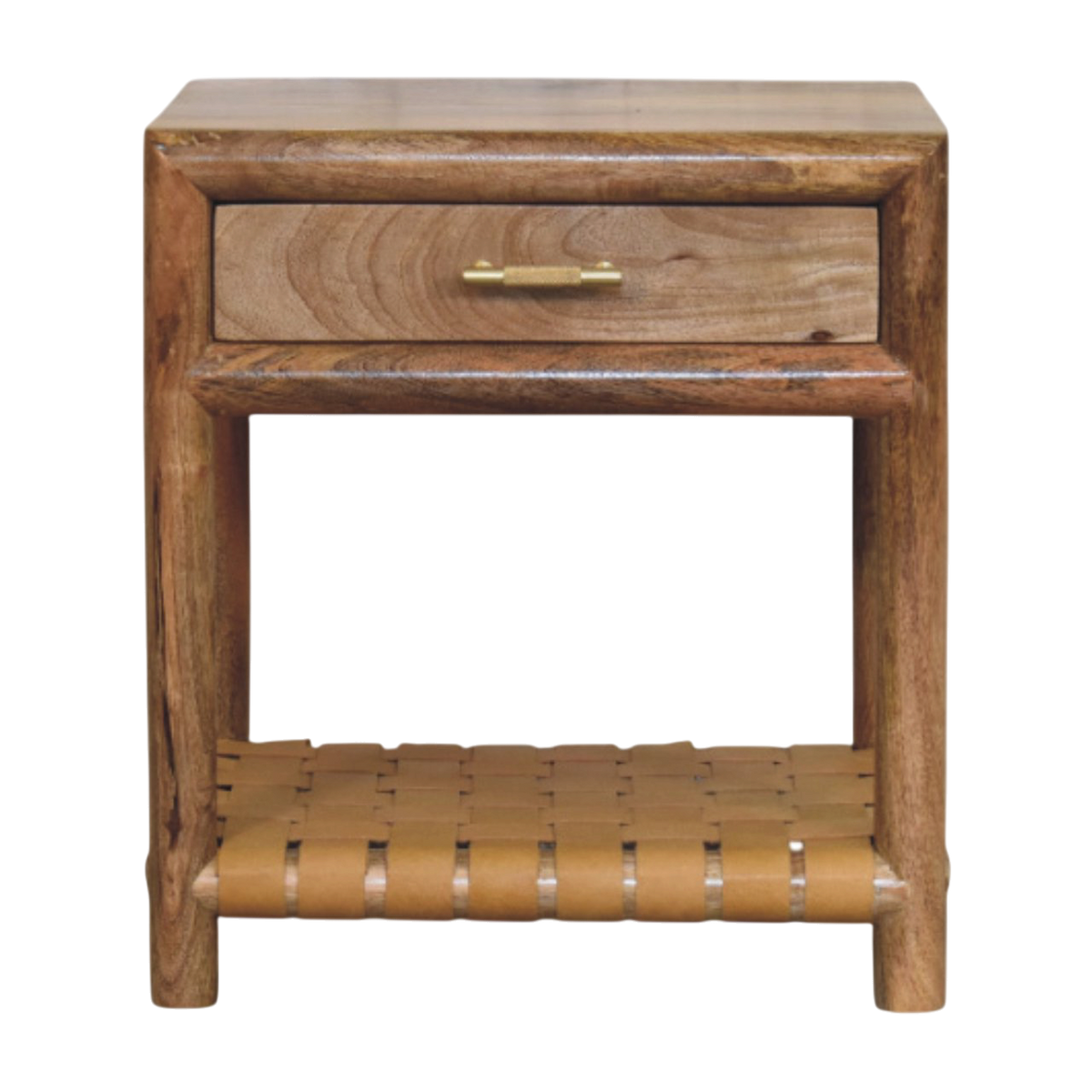Ashcombe Bedside Table with Woven Shelf in Amber, front view. 100% solid hardwood in a warm amber finish, one drawer, brass handle, braided woven leather lower shelf.