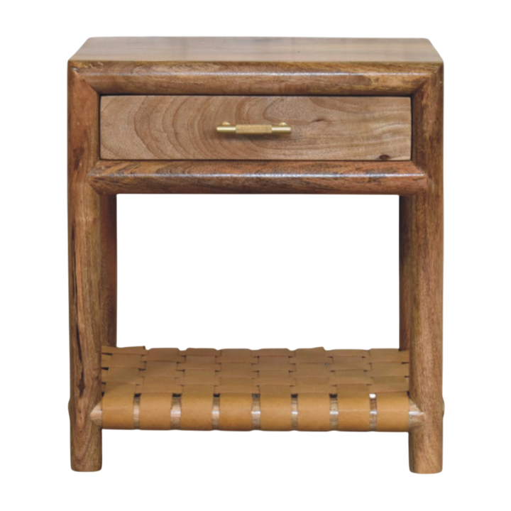 Ashcombe Bedside Table with Woven Shelf in Amber, front view. 100% solid hardwood in a warm amber finish, one drawer, brass handle, braided woven leather lower shelf.