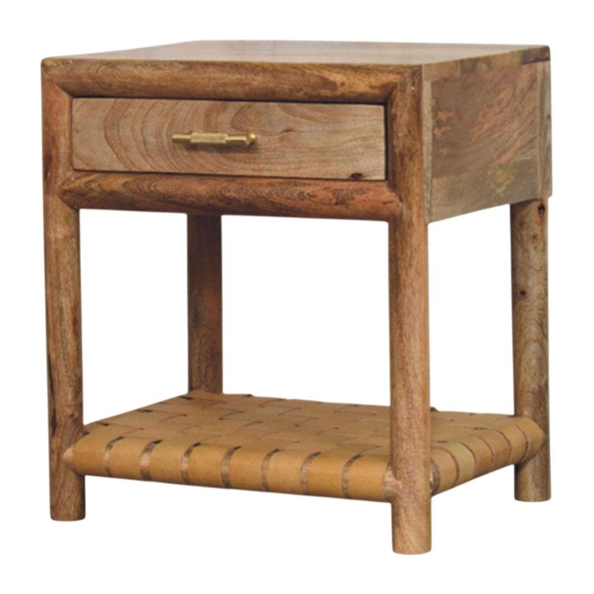 Ashcombe Bedside Table with Woven Shelf in Amber, three-quarter view showing the full profile.