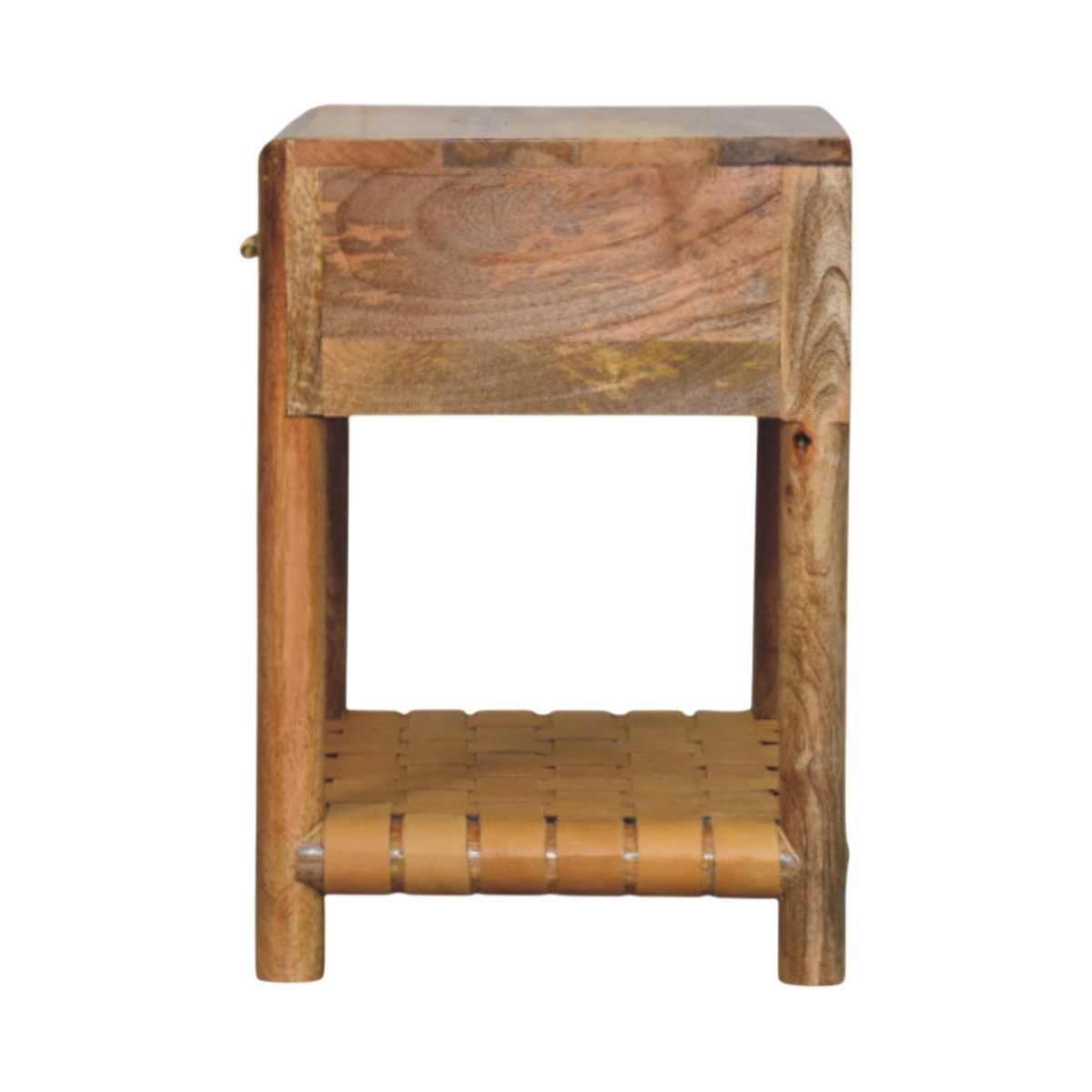 Ashcombe Bedside Table with Woven Shelf in Amber, side view showing the depth.