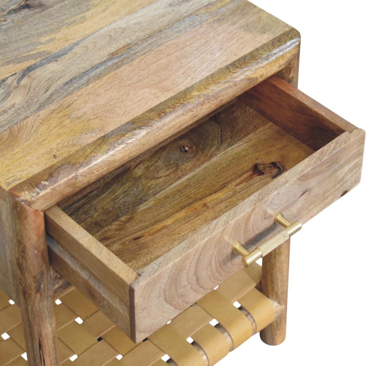 Ashcombe Bedside Table with Woven Shelf in Amber, shown with a drawer open.