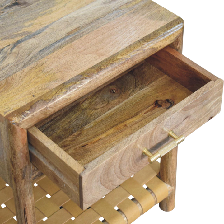 Ashcombe Bedside Table with Woven Shelf in Amber, shown with a drawer open.