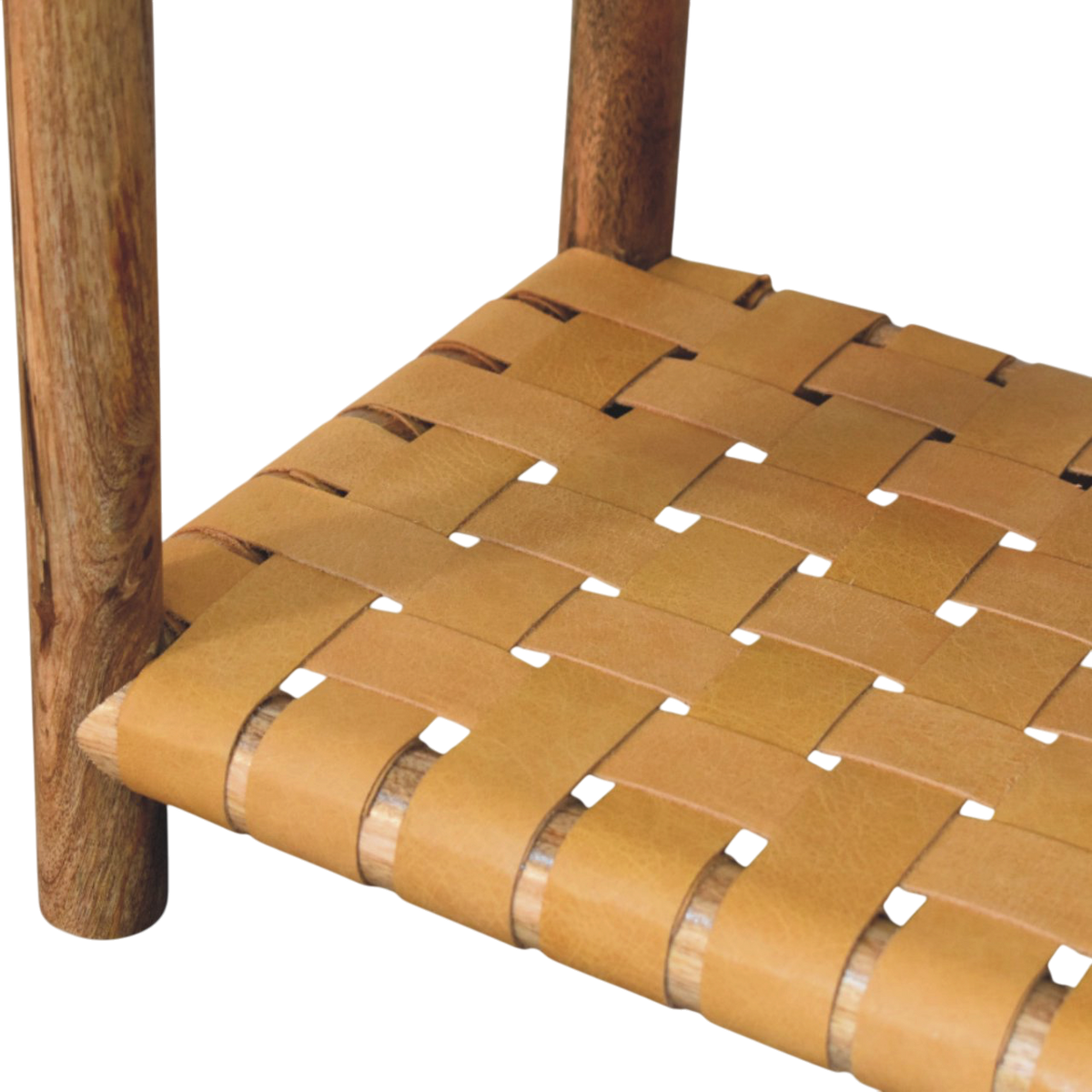 Close view of the weave on the Ashcombe Bedside Table with Woven Shelf in Amber.