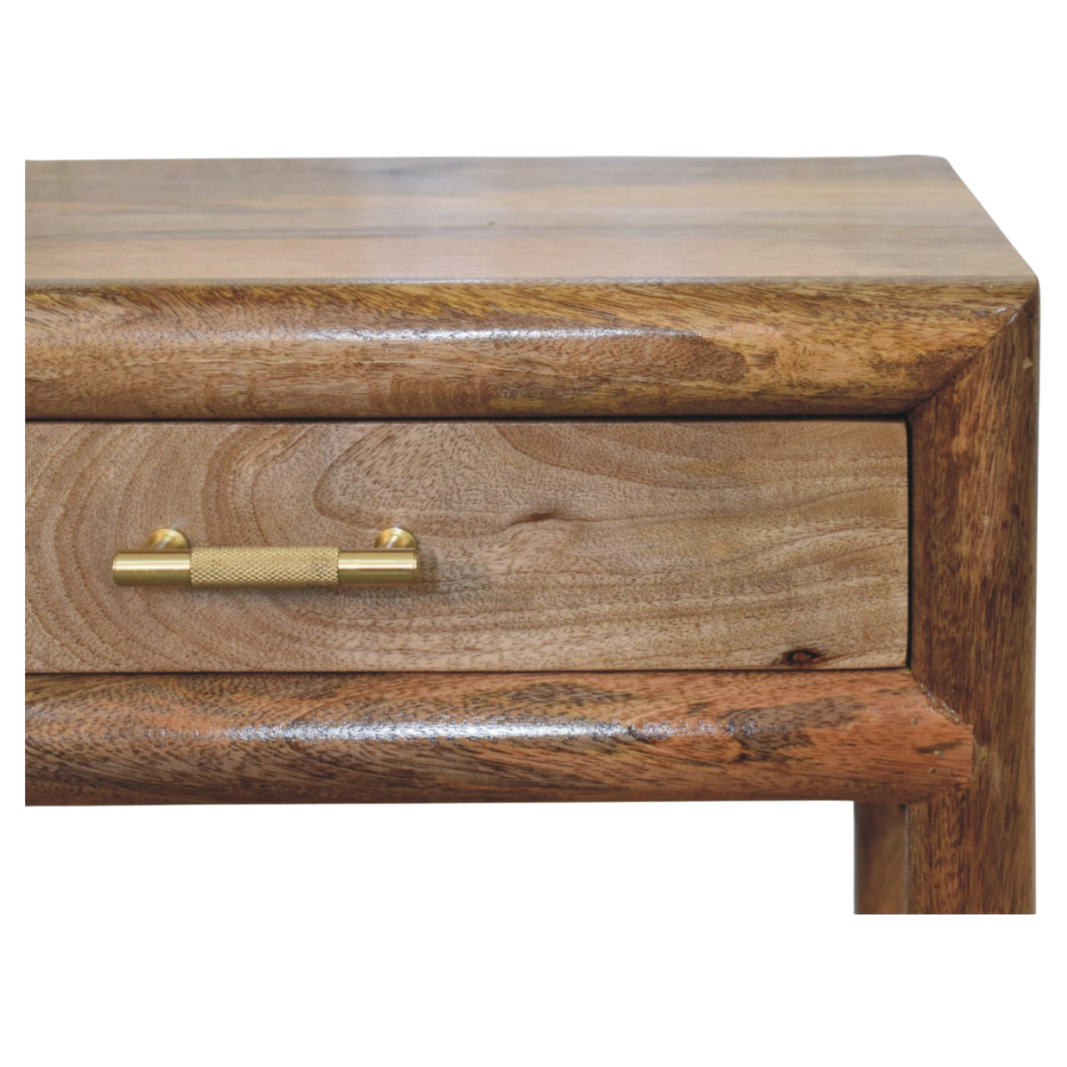 Close view of the brass hardware on the Ashcombe Bedside Table with Woven Shelf in Amber.