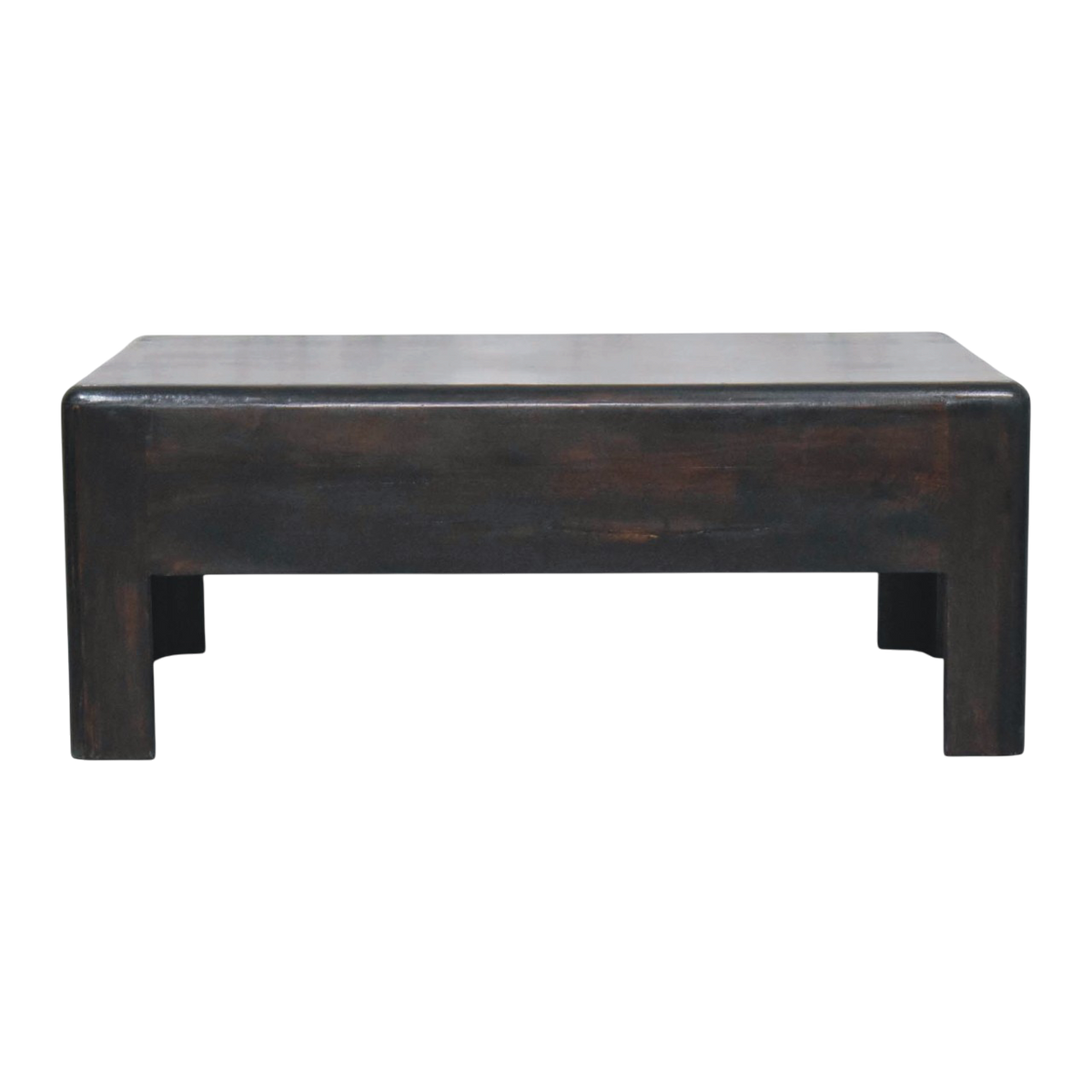 Ashcombe Block Coffee Table in Espresso, front view. 100% solid hardwood in a dark espresso finish, rounded edges, solid block form.