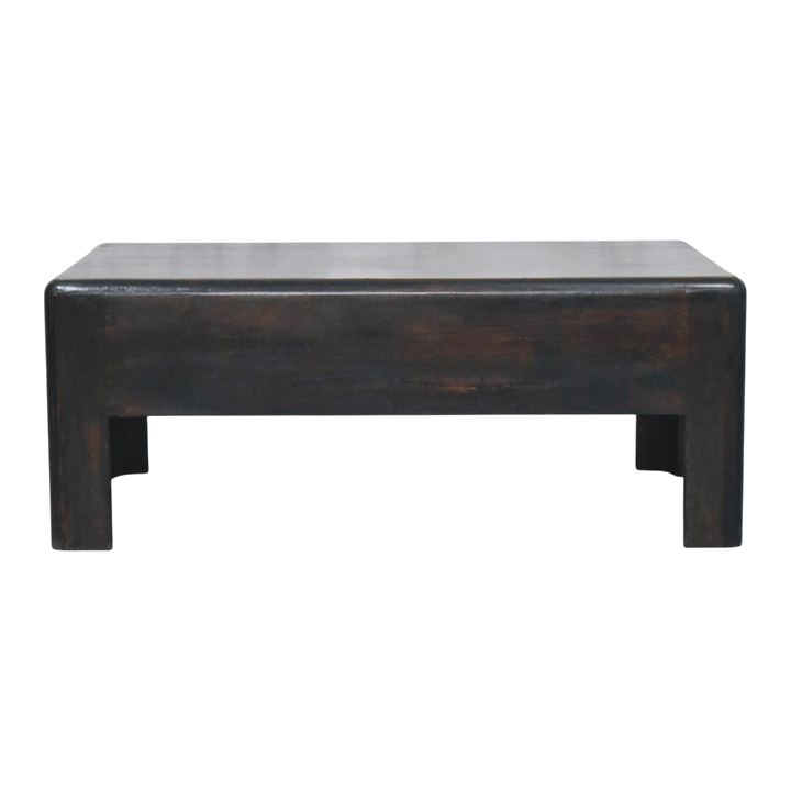 Ashcombe Block Coffee Table in Espresso, front view. 100% solid hardwood in a dark espresso finish, rounded edges, solid block form.