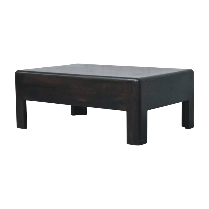 Ashcombe Block Coffee Table in Espresso, three-quarter view showing the full profile.