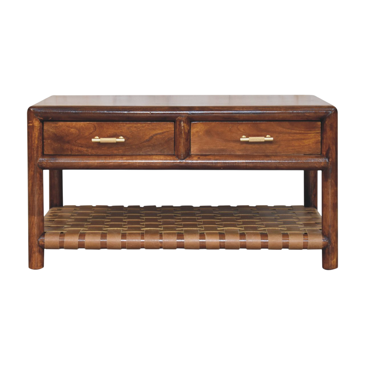 Ashcombe Coffee Table with Woven Shelf in Russet, front view. Russet hardwood with four drawers over a braided woven shelf.