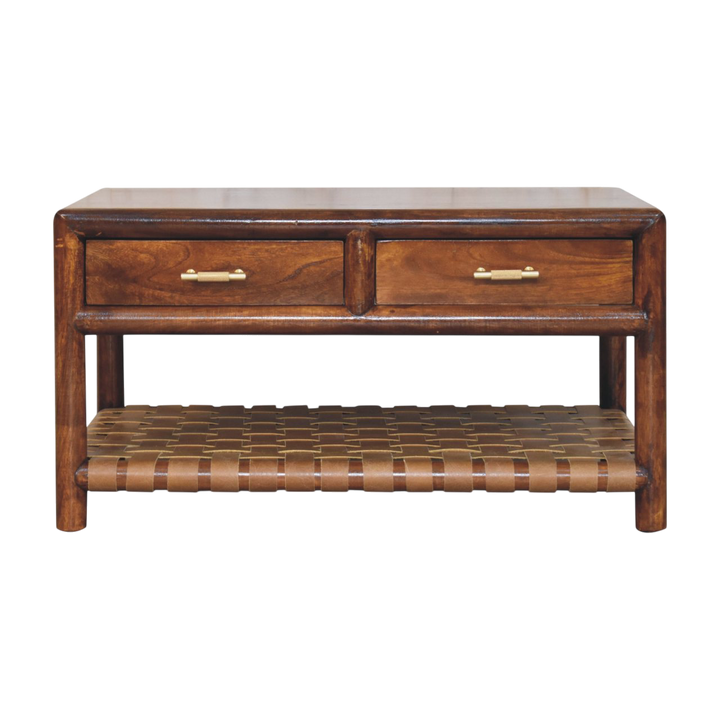 Ashcombe Coffee Table with Woven Shelf in Russet, front view. Russet hardwood with four drawers over a braided woven shelf.