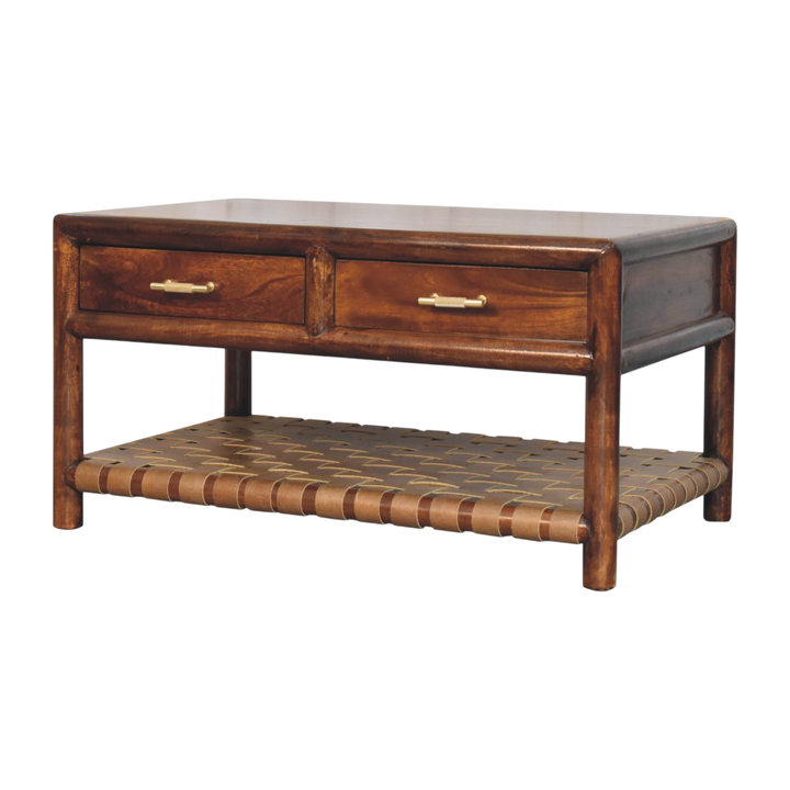 Ashcombe Coffee Table with Woven Shelf in Russet, three-quarter view showing the full profile.