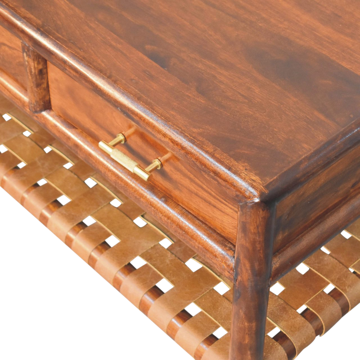 Close view of the woven texture on the Ashcombe Coffee Table with Woven Shelf in Russet.