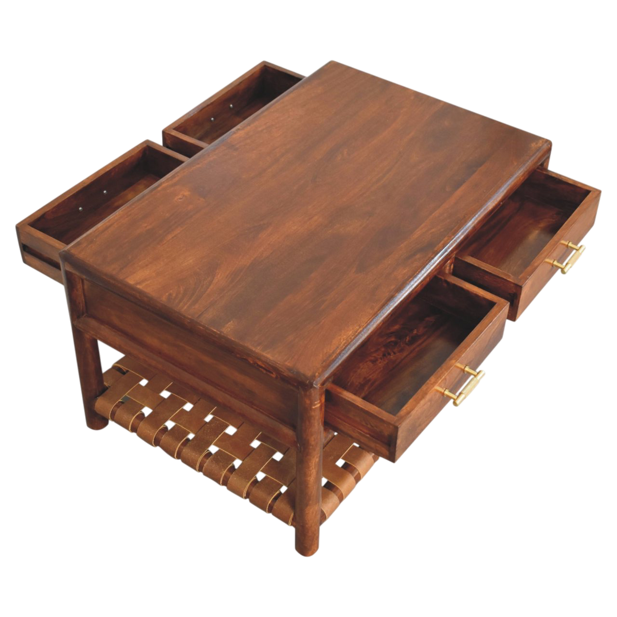 Ashcombe Coffee Table with Woven Shelf in Russet, shown with a drawer open.