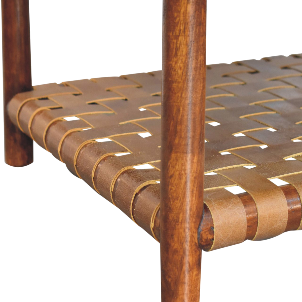 Close view of the lower shelf on the Ashcombe Coffee Table with Woven Shelf in Russet.