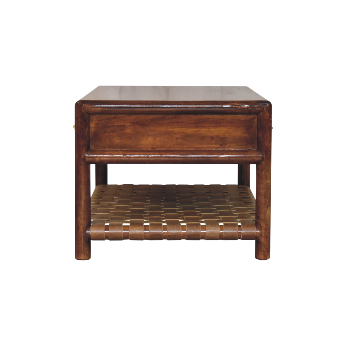 Ashcombe Coffee Table with Woven Shelf in Russet, side view showing the depth.