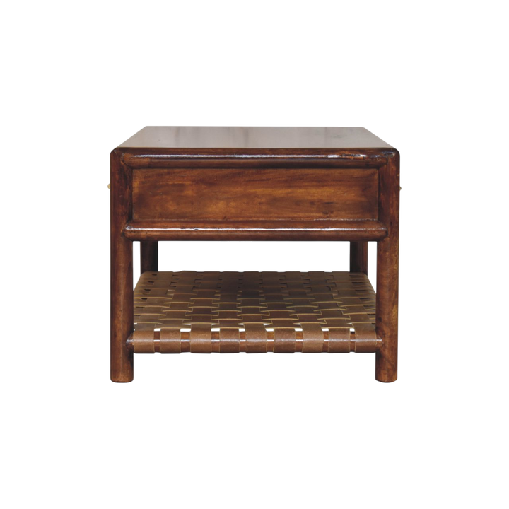 Ashcombe Coffee Table with Woven Shelf in Russet, side view showing the depth.