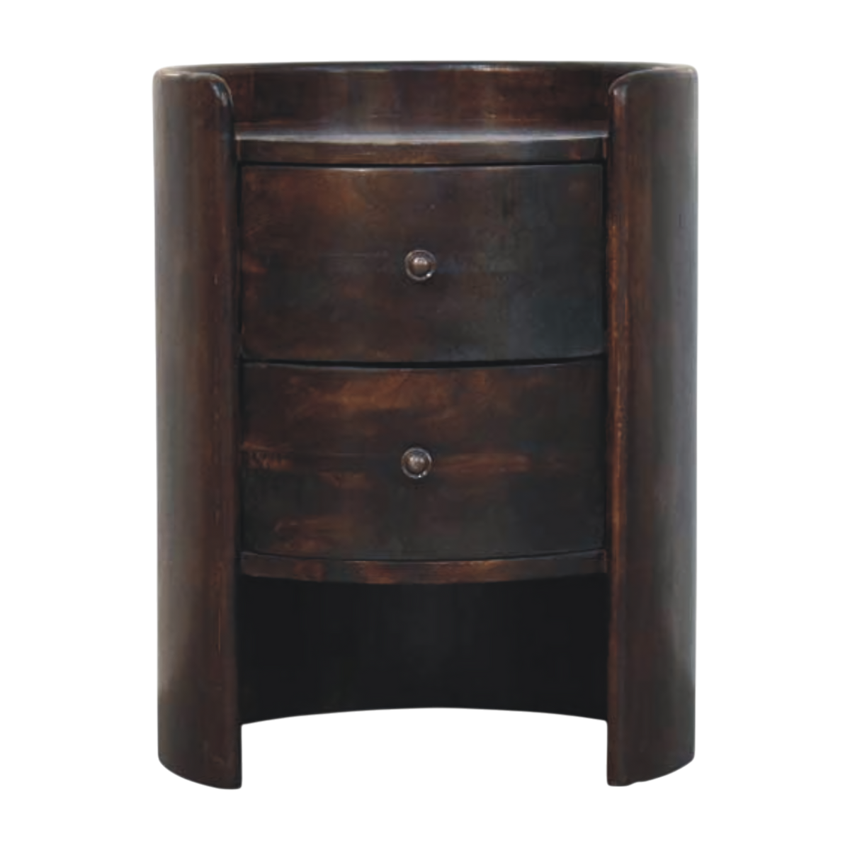 Ashcombe Curved Side Table in Espresso, front view. Solid hardwood in an espresso finish, rounded outer panels, two compact drawers above an open section.
