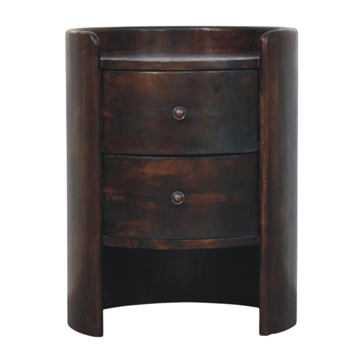 Ashcombe Curved Side Table in Espresso, front view. Solid hardwood in an espresso finish, rounded outer panels, two compact drawers above an open section.
