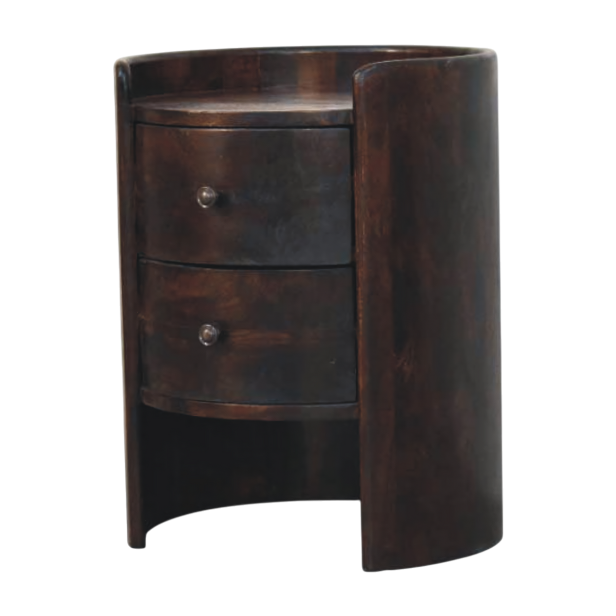 Ashcombe Curved Side Table in Espresso, three-quarter view showing the full profile.