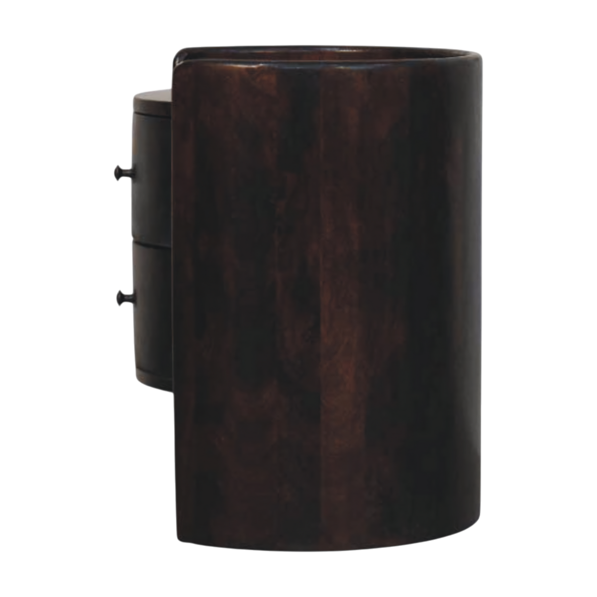 Ashcombe Curved Side Table in Espresso, side view showing the depth.