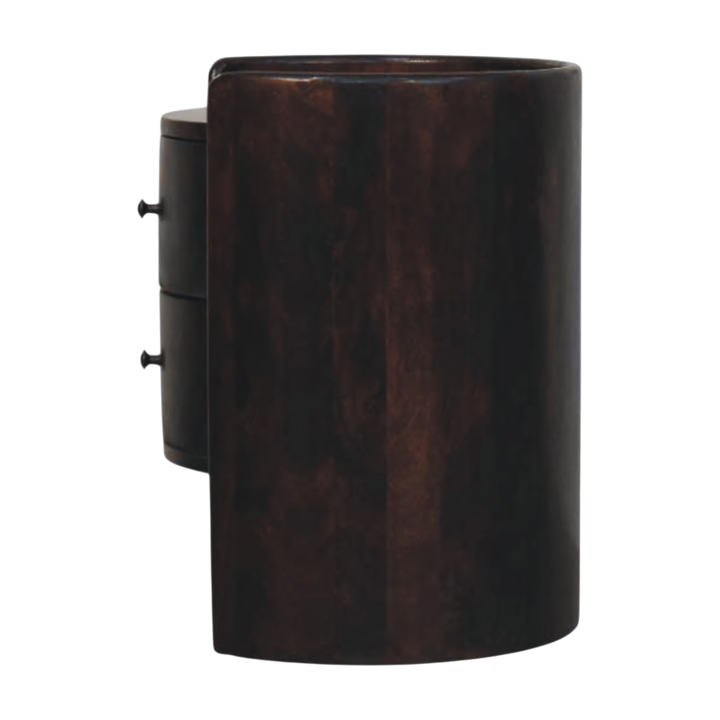Ashcombe Curved Side Table in Espresso, side view showing the depth.