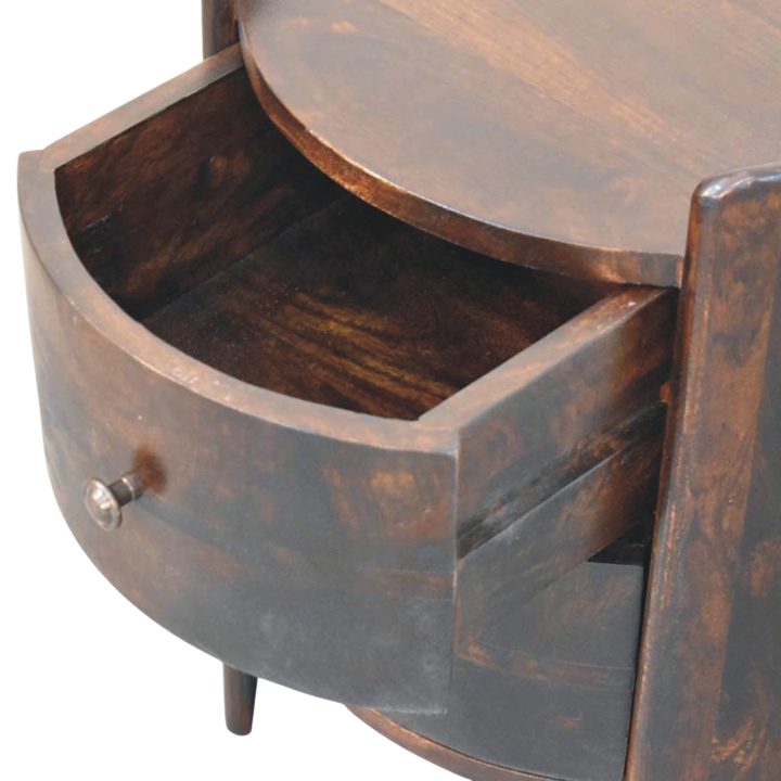 Ashcombe Curved Side Table in Espresso, shown with a drawer open.