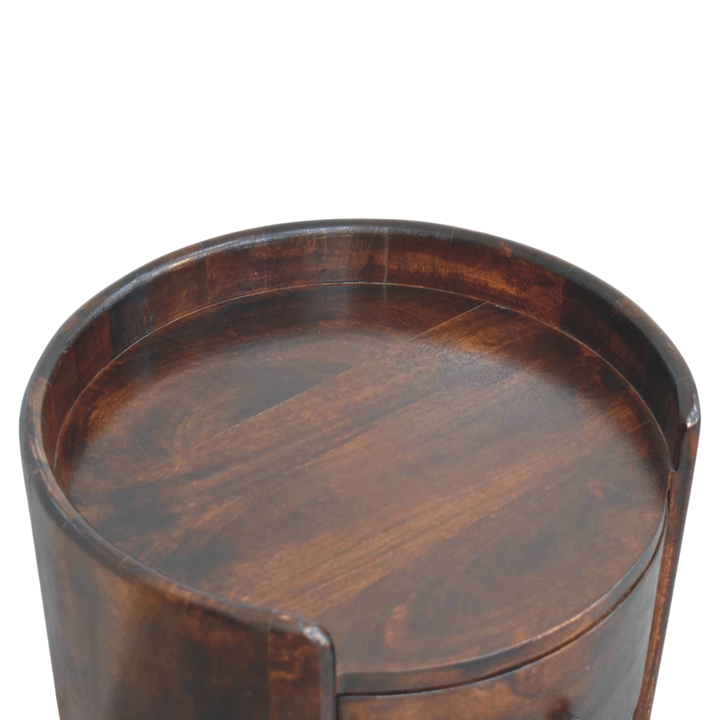 Close view of the top on the Ashcombe Curved Side Table in Espresso.