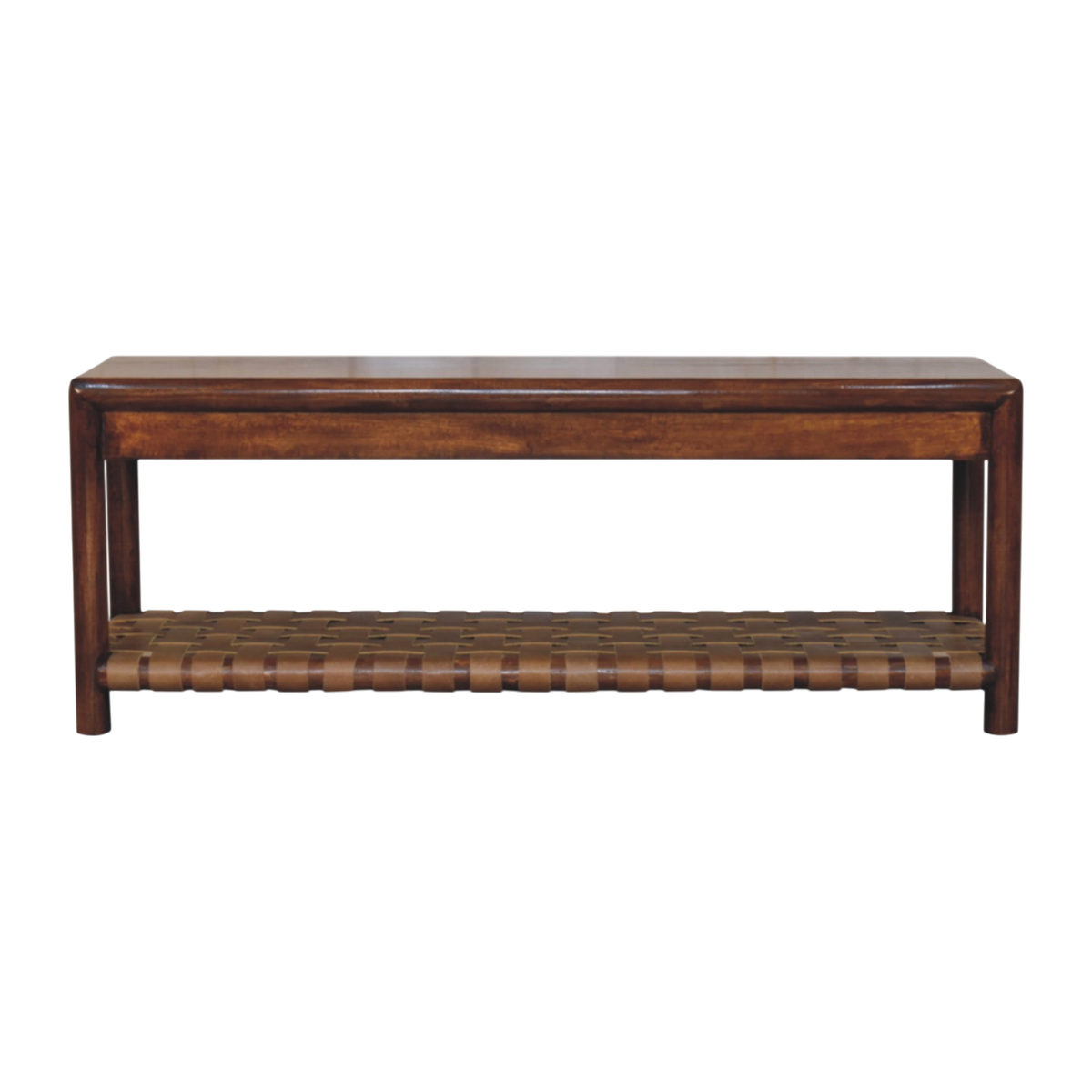Ashcombe Woven-Shelf Bench in Chestnut, front view. 100% solid hardwood in a chestnut finish, braided woven lower shelf.
