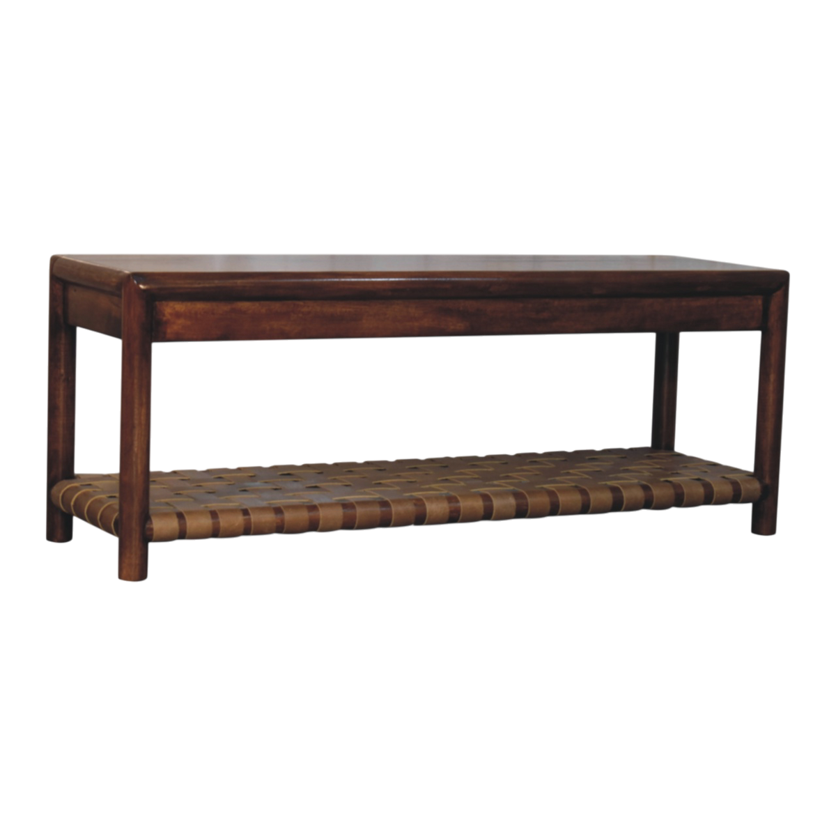 Ashcombe Woven-Shelf Bench in Chestnut, three-quarter view showing the full profile.