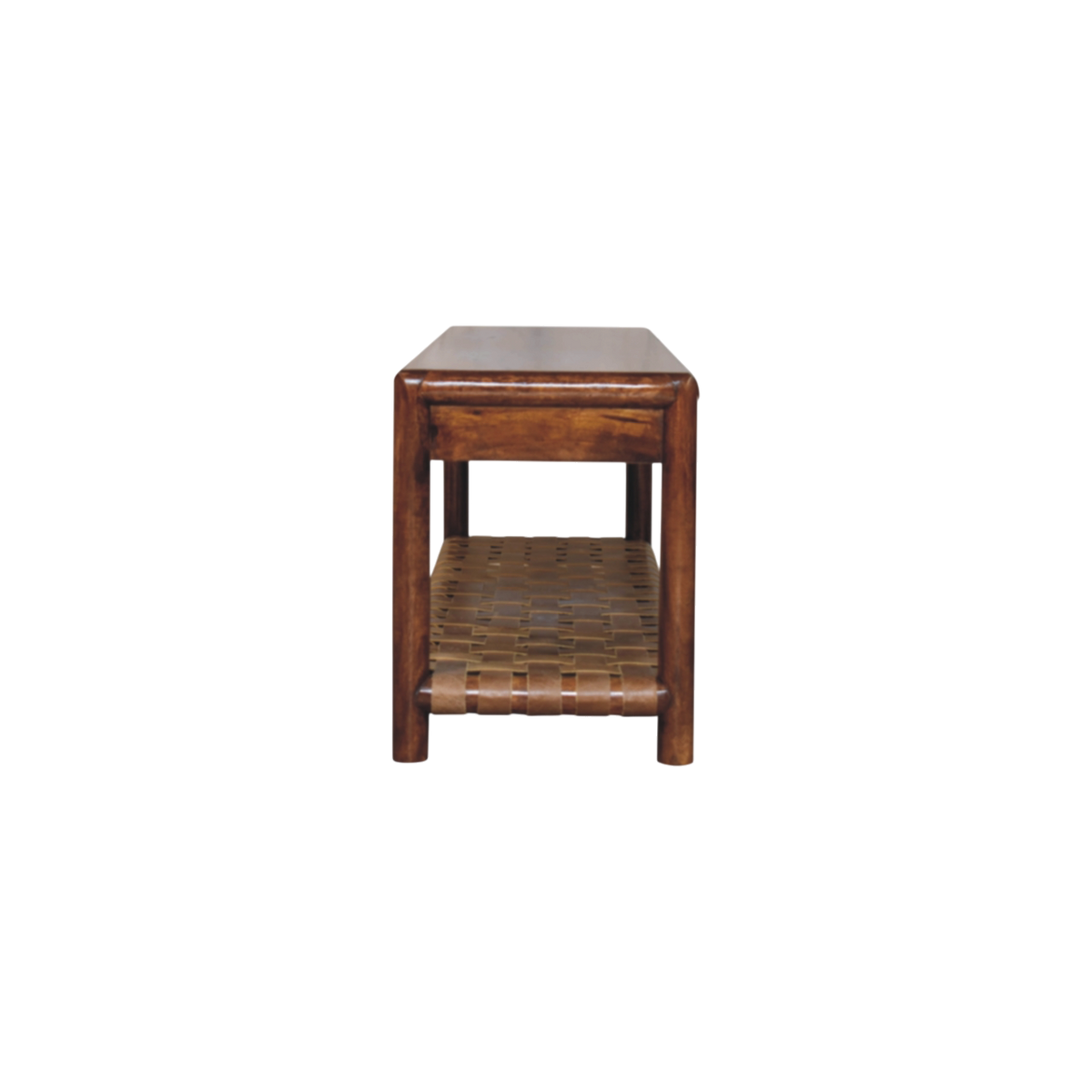 Ashcombe Woven-Shelf Bench in Chestnut, side view showing the depth.