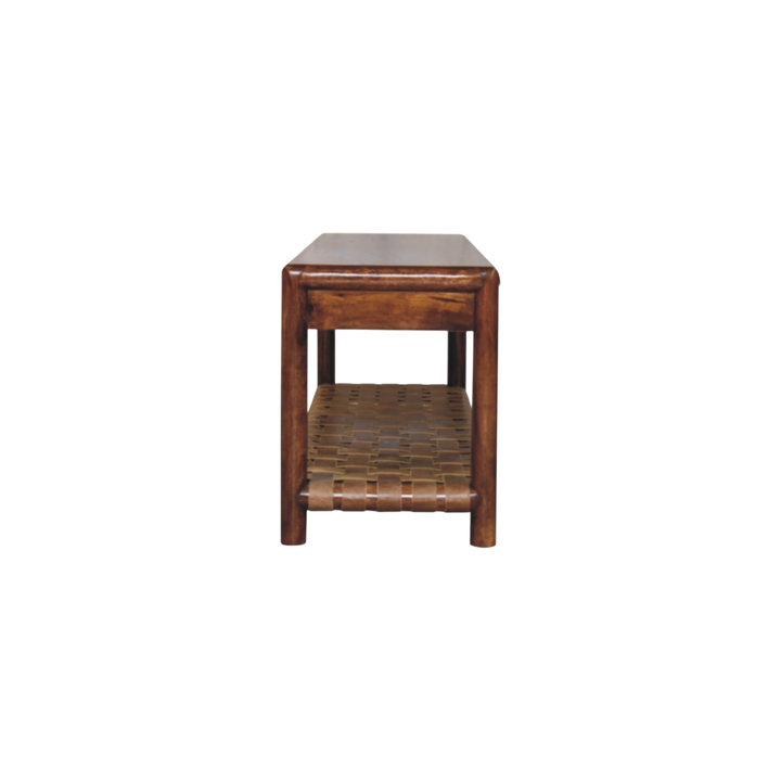 Ashcombe Woven-Shelf Bench in Chestnut, side view showing the depth.