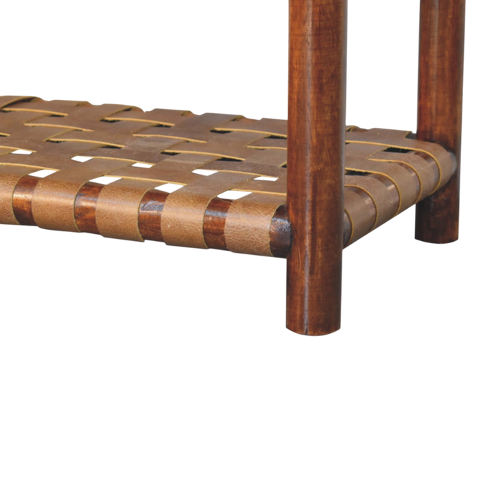 Close view of the weave on the Ashcombe Woven-Shelf Bench in Chestnut.