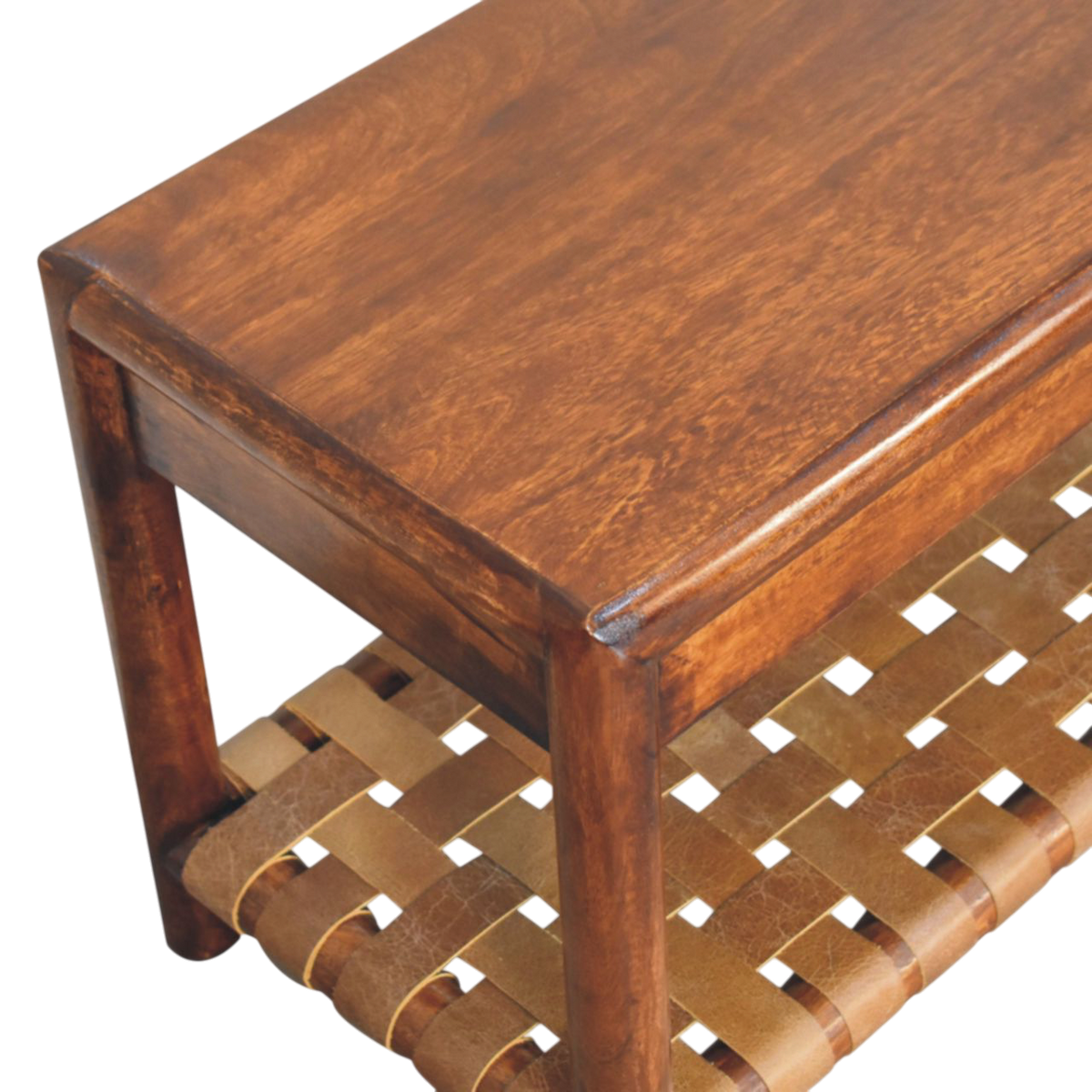 Close view of the top on the Ashcombe Woven-Shelf Bench in Chestnut.