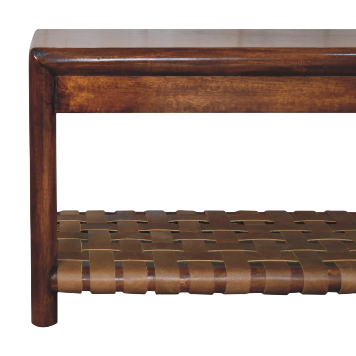 Close view of the frame on the Ashcombe Woven-Shelf Bench in Chestnut.