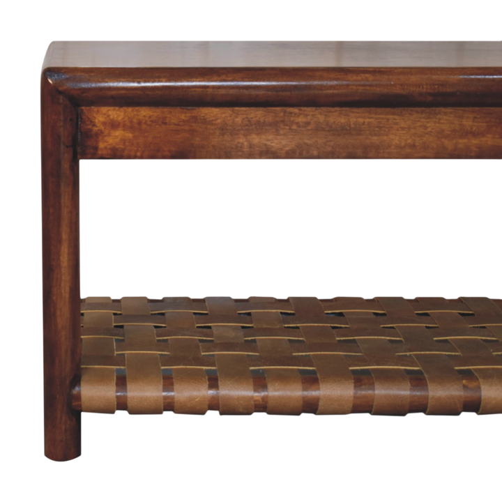 Close view of the frame on the Ashcombe Woven-Shelf Bench in Chestnut.