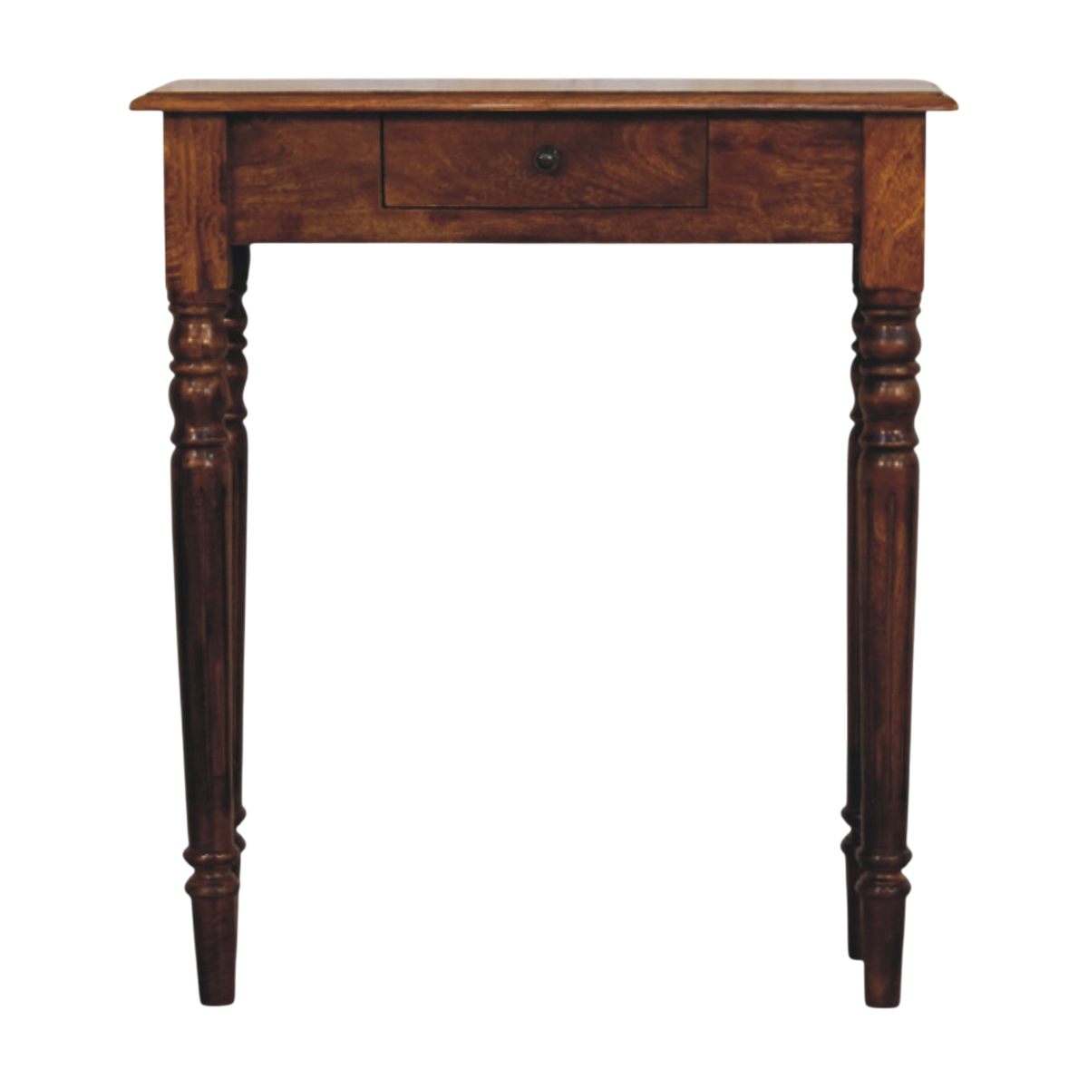 Ashford Console Table in Chestnut, front view. 100% solid hardwood in a chestnut finish, one compact drawer, brass knob, four turned legs.