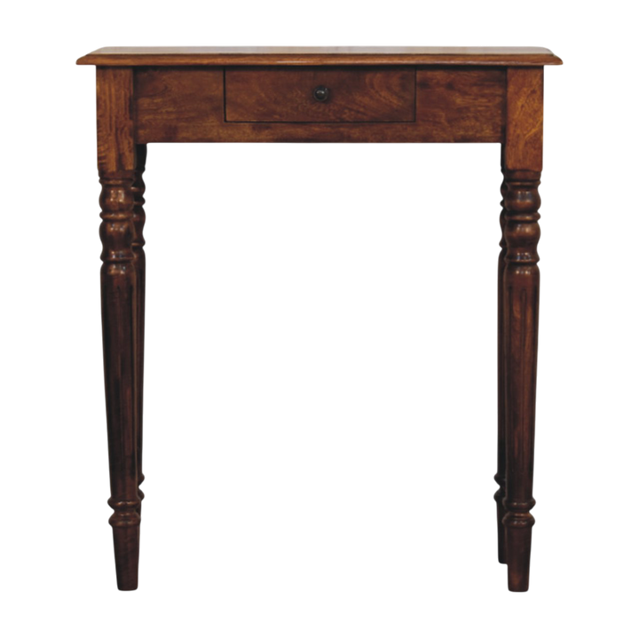 Ashford Console Table in Chestnut, front view. 100% solid hardwood in a chestnut finish, one compact drawer, brass knob, four turned legs.