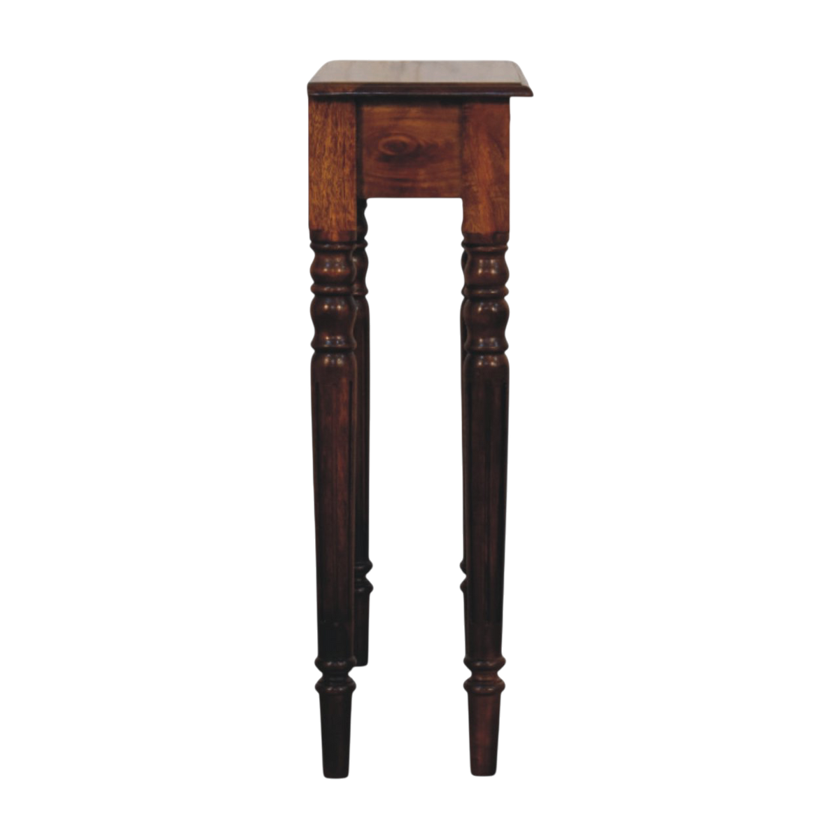 Ashford Console Table in Chestnut, side view showing the depth.
