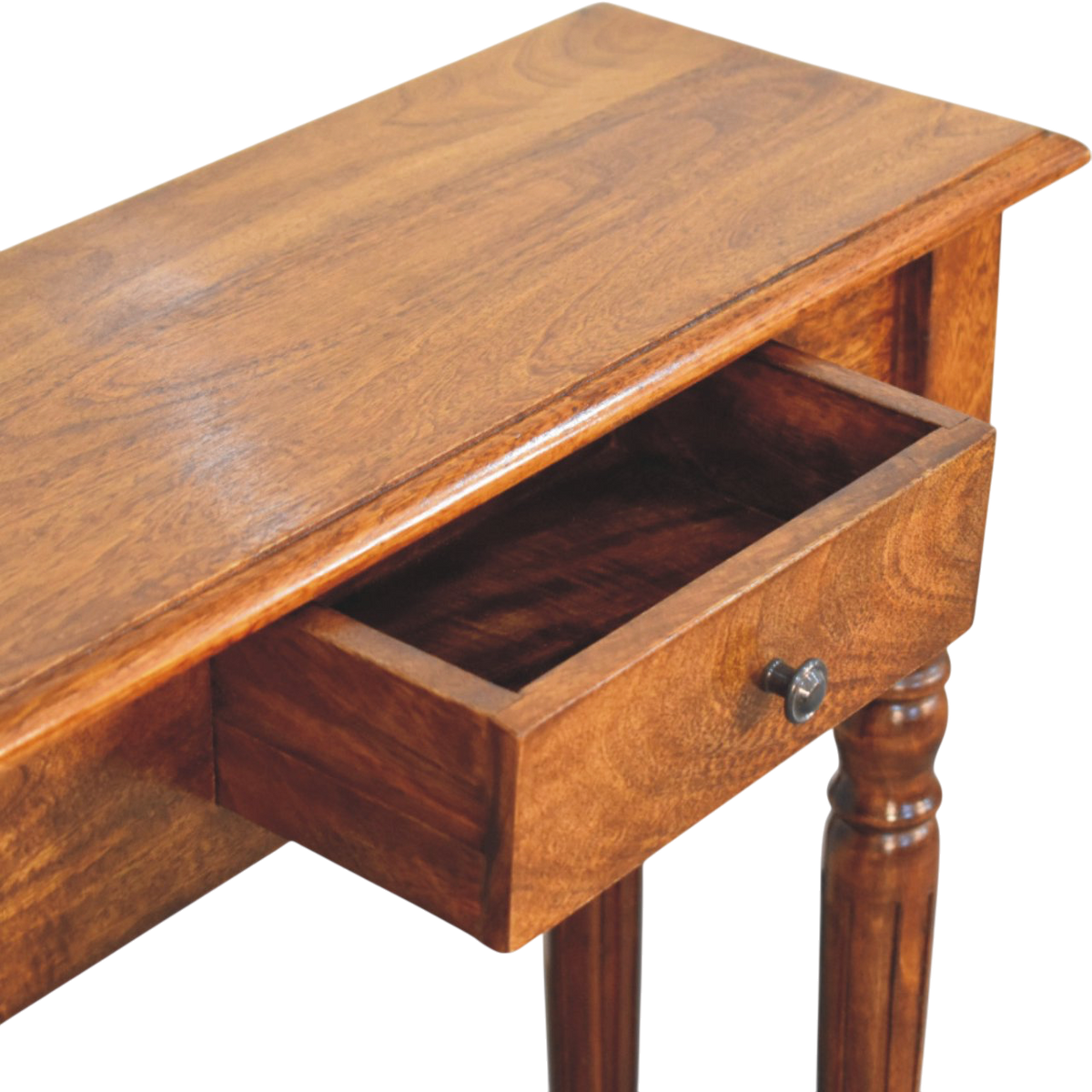Ashford Console Table in Chestnut, shown with a drawer open.