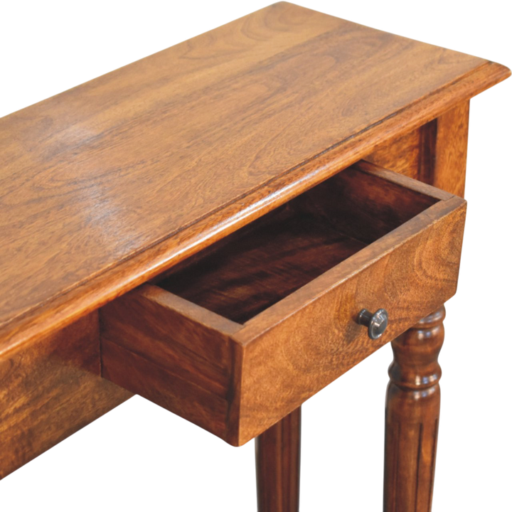 Ashford Console Table in Chestnut, shown with a drawer open.