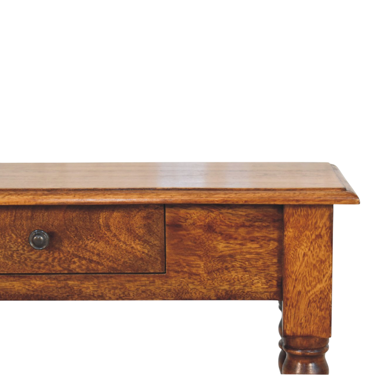 Close view of the drawer front on the Ashford Console Table in Chestnut.
